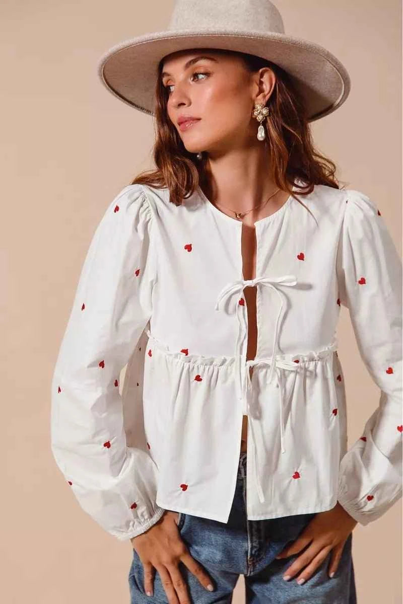 Ivory Front Tie Heart Embroidered Blouse With Puff Sleeve by So Me