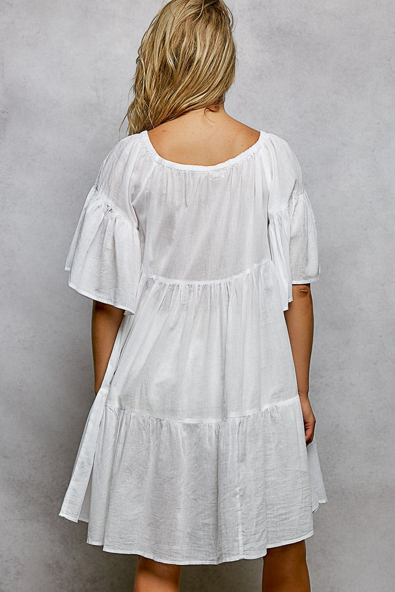 Ivory Tied Tassel Embroidery Half Flared Sleeve Mini Dress by POL Back View