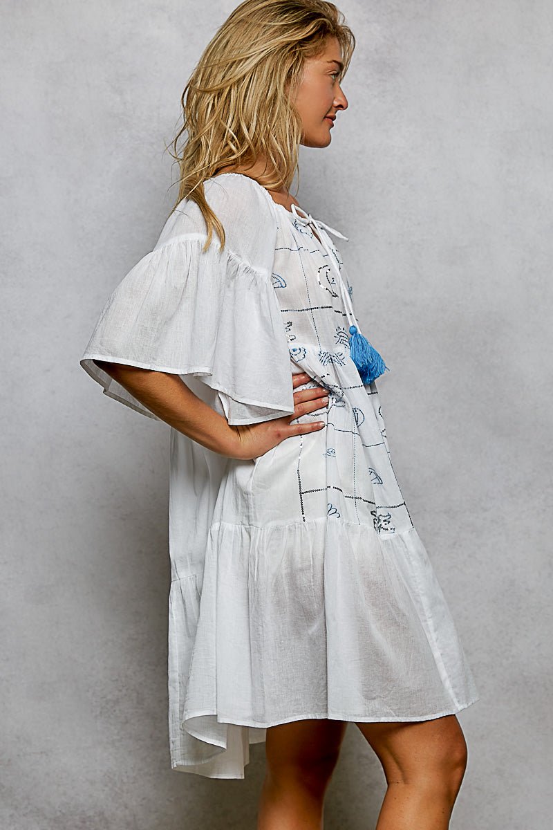 Ivory Tied Tassel Embroidery Half Flared Sleeve Mini Dress by POL Side View