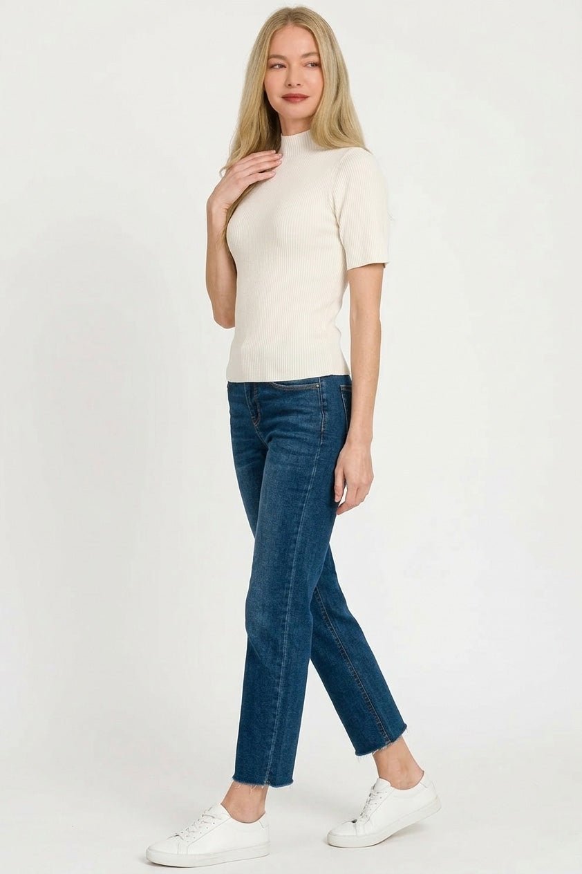 Ivory Viscose Ribbed Mock Neck Short Sleeve Sweater by Zenana Side View
