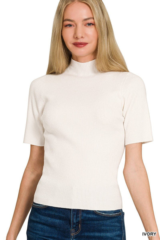 Ivory Viscose Ribbed Mock Neck Short Sleeve Sweater by Zenana Front View