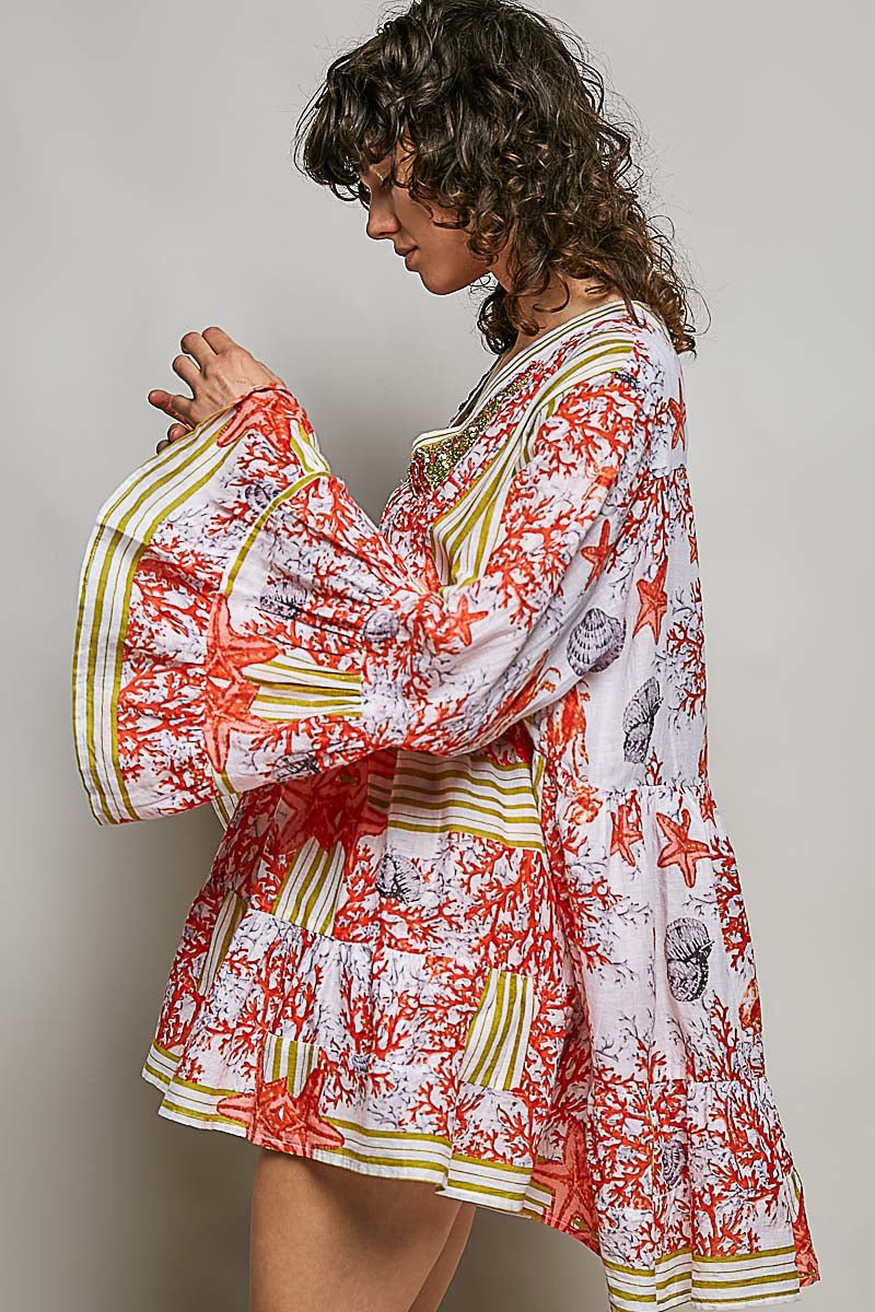 Ivory/Red Multi Striped Floral Long Sleeve Mini Dress W/ Pintuck Detail by POL Side View