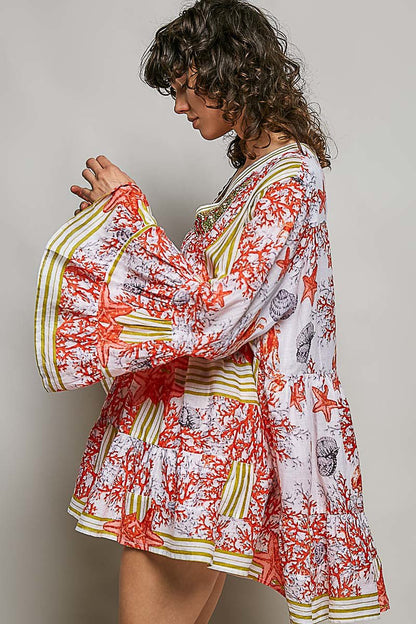 Ivory/Red Multi Striped Floral Long Sleeve Mini Dress W/ Pintuck Detail by POL Side View
