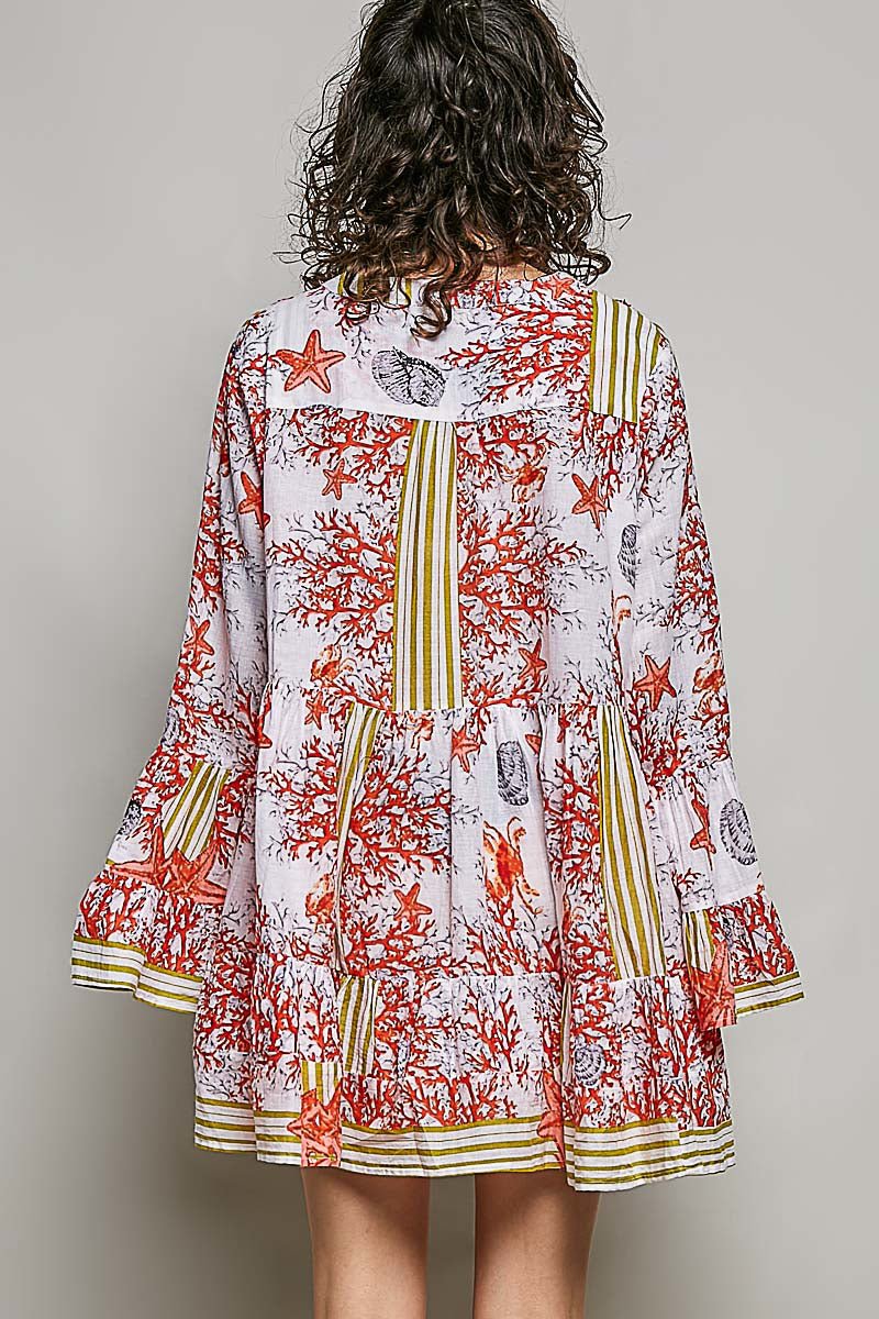 Ivory/Red Multi Striped Floral Long Sleeve Mini Dress W/ Pintuck Detail by POL Back View