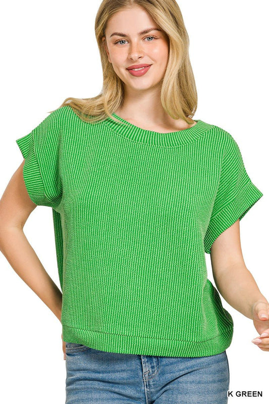 Kelly Green Raised Rib Cap Sleeve Top by Zenana Front View