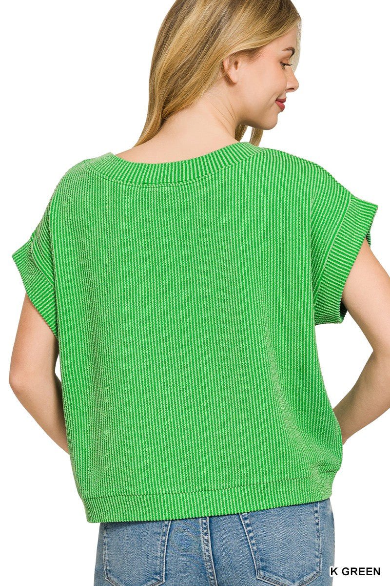 Kelly Green Raised Rib Cap Sleeve Top by Zenana Back View