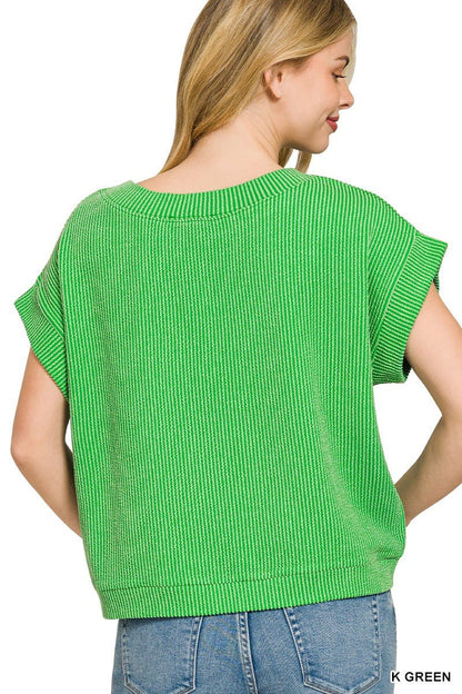Kelly Green Raised Rib Cap Sleeve Top by Zenana Back View