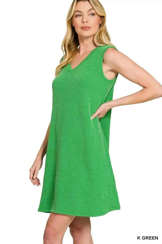 Kelly Green Raised Rib Sleeveless Mini Dress