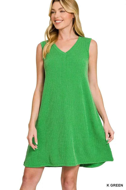 Kelly Green Raised Rib Sleeveless Mini Dress