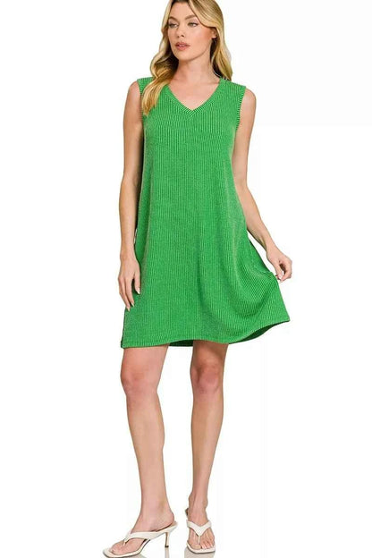 Kelly Green Raised Rib Sleeveless Mini Dress