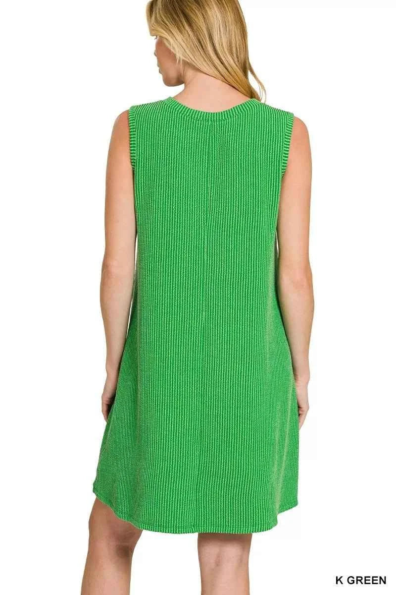 Kelly Green Raised Rib Sleeveless Mini Dress