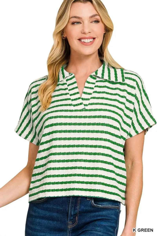 Kelly Green Striped Split Neck Collared Top by Zenana