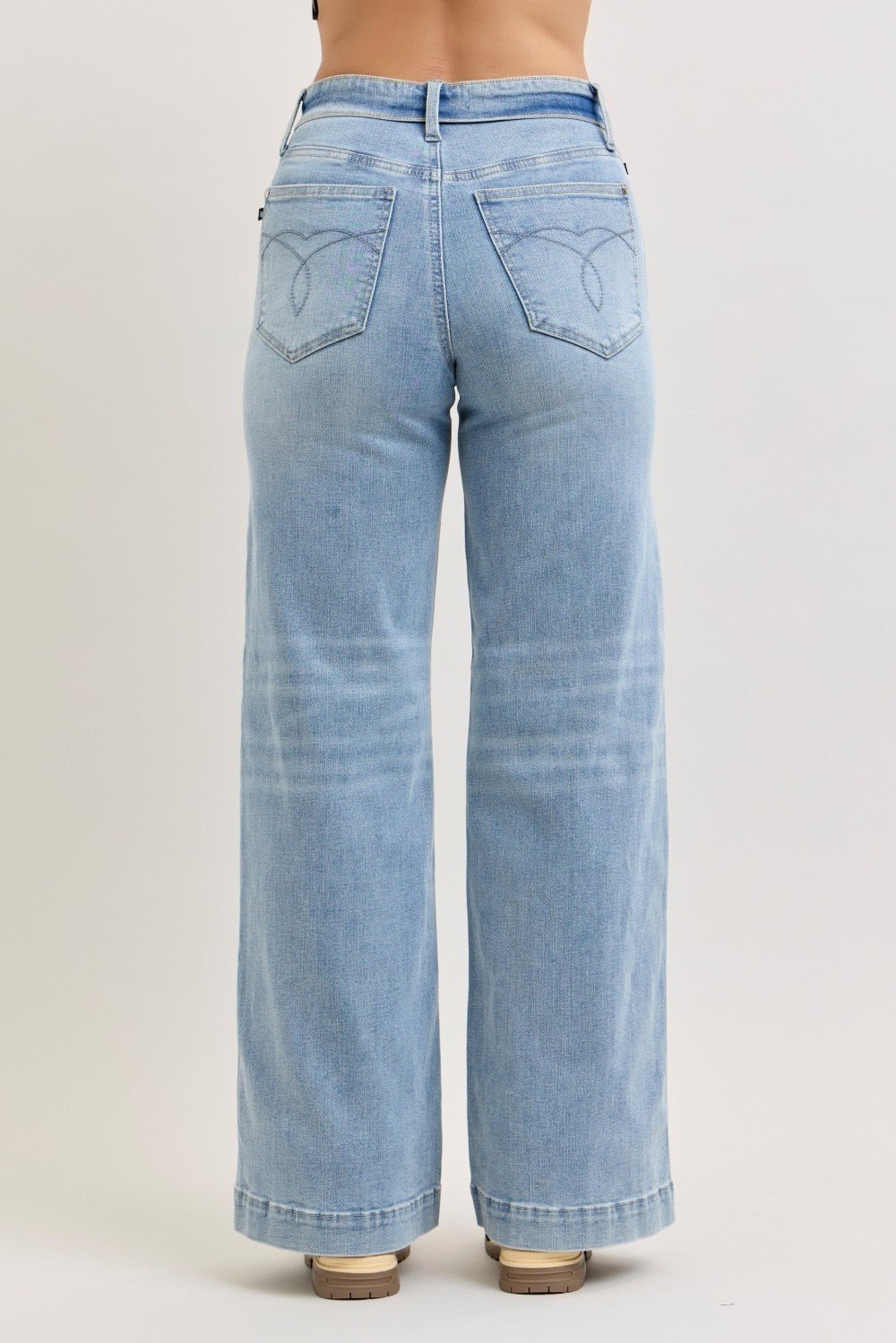 Light Wash Mid Rise Retro Wide Leg Jeans Fold-Over Waistband by Judy Blue Back View