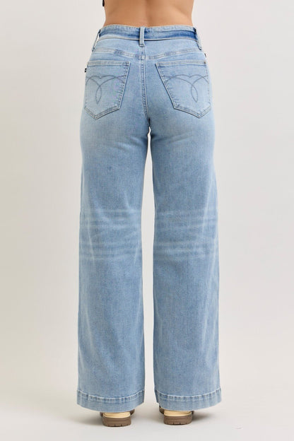 Light Wash Mid Rise Retro Wide Leg Jeans Fold-Over Waistband by Judy Blue Back View