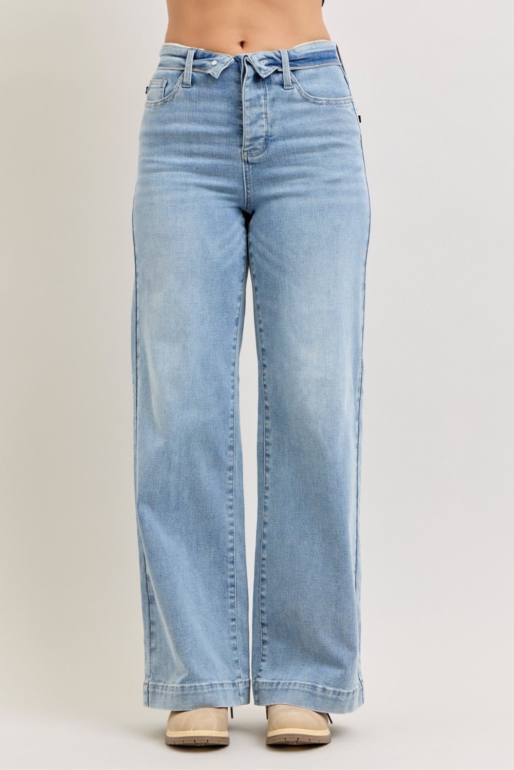 Light Wash Mid Rise Retro Wide Leg Jeans Fold-Over Waistband by Judy Blue Front View