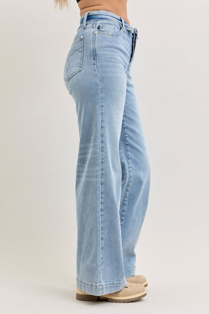 Light Wash Mid Rise Retro Wide Leg Jeans Fold-Over Waistband by Judy Blue Side View