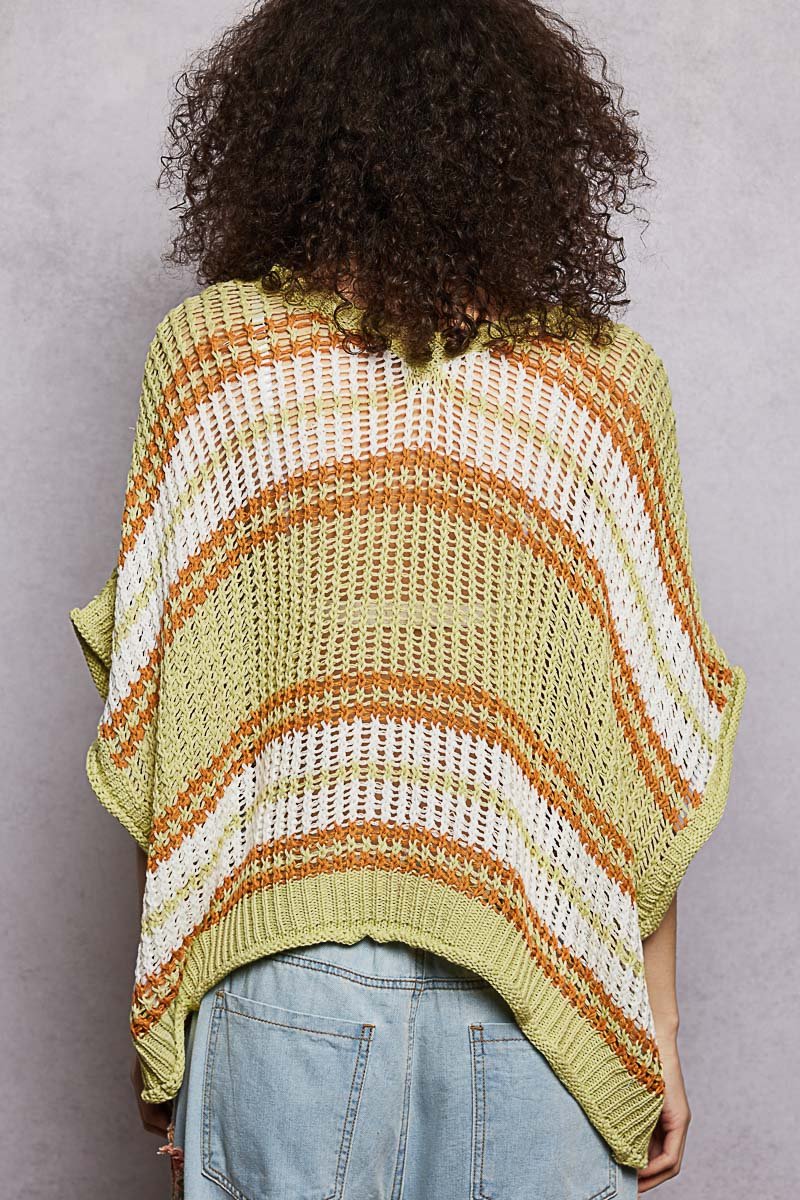 Lime & Sage Openwork Lightweight Striped V-Neck Knit Top by POL Back View