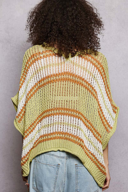 Lime & Sage Openwork Lightweight Striped V-Neck Knit Top by POL Back View