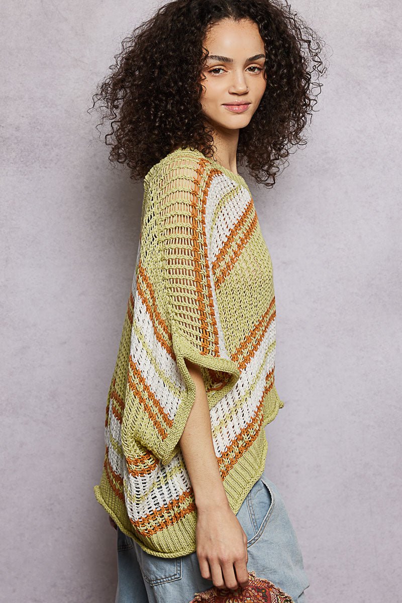 Lime & Sage Openwork Lightweight Striped V-Neck Knit Top by POL Side View