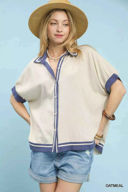 Oatmeal Linen Button Front Top with Contrast Piping by Umgee