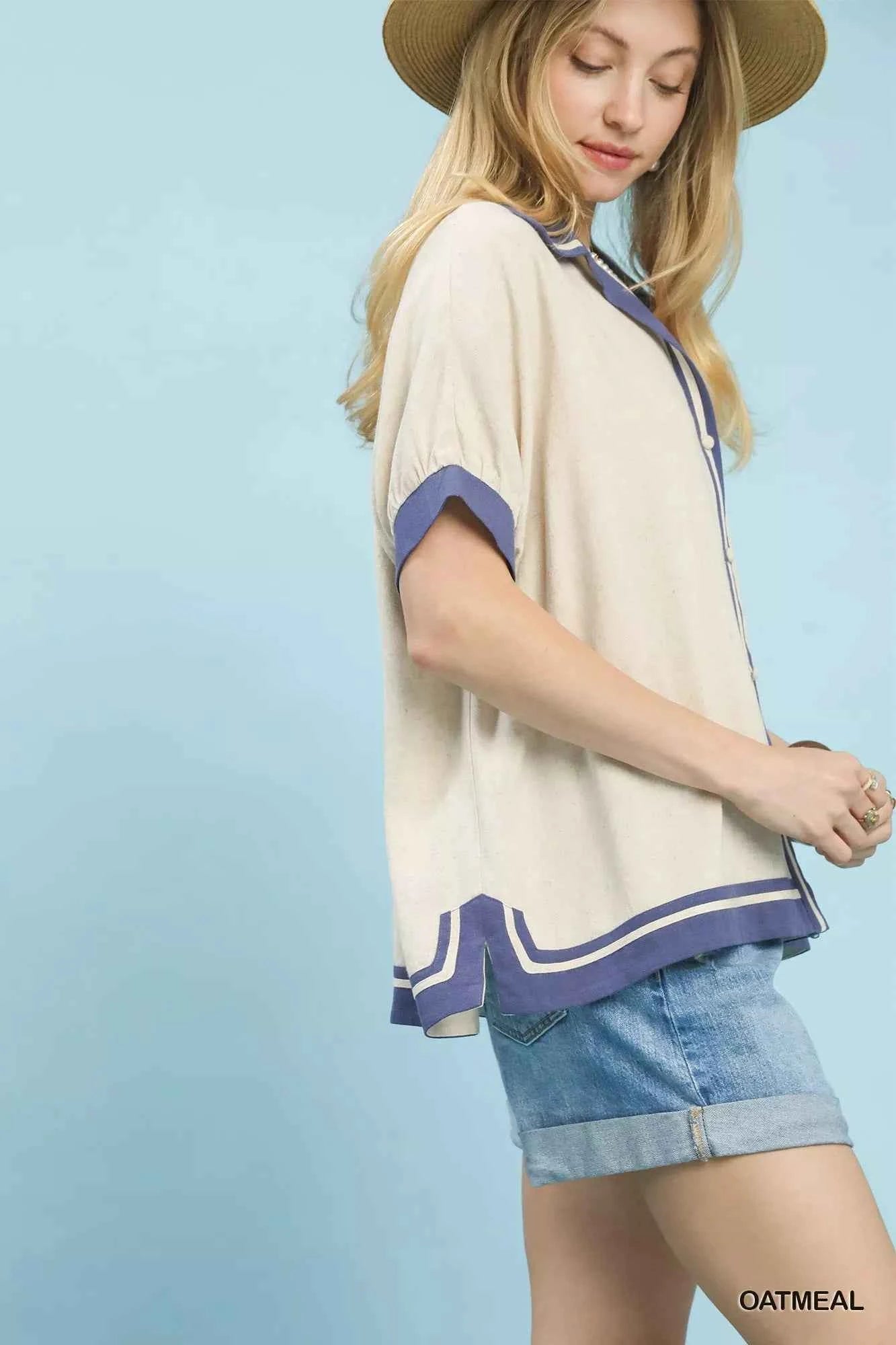 Oatmeal Linen Button Front Top with Contrast Piping by Umgee