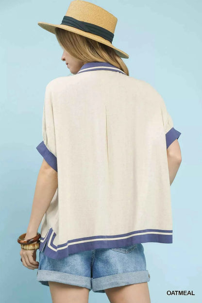 Oatmeal Linen Button Front Top with Contrast Piping by Umgee
