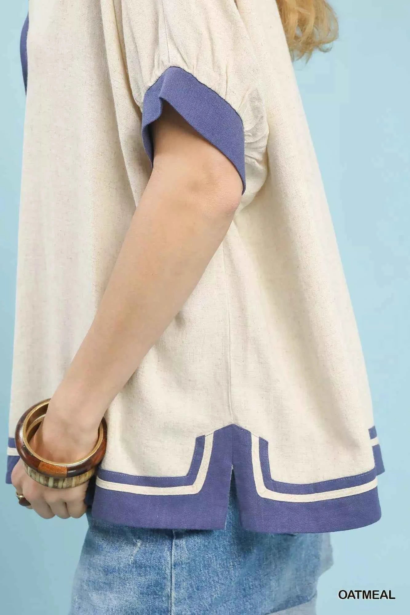 Oatmeal Linen Button Front Top with Contrast Piping by Umgee