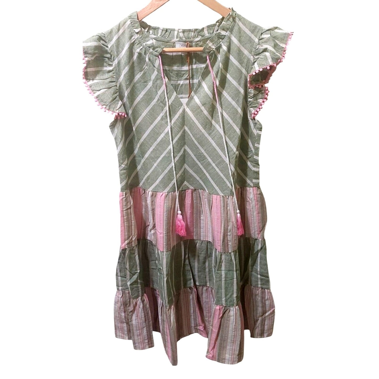Voy Striped Green & Pink Ruffle Sleeve Tiered Dress Size Small