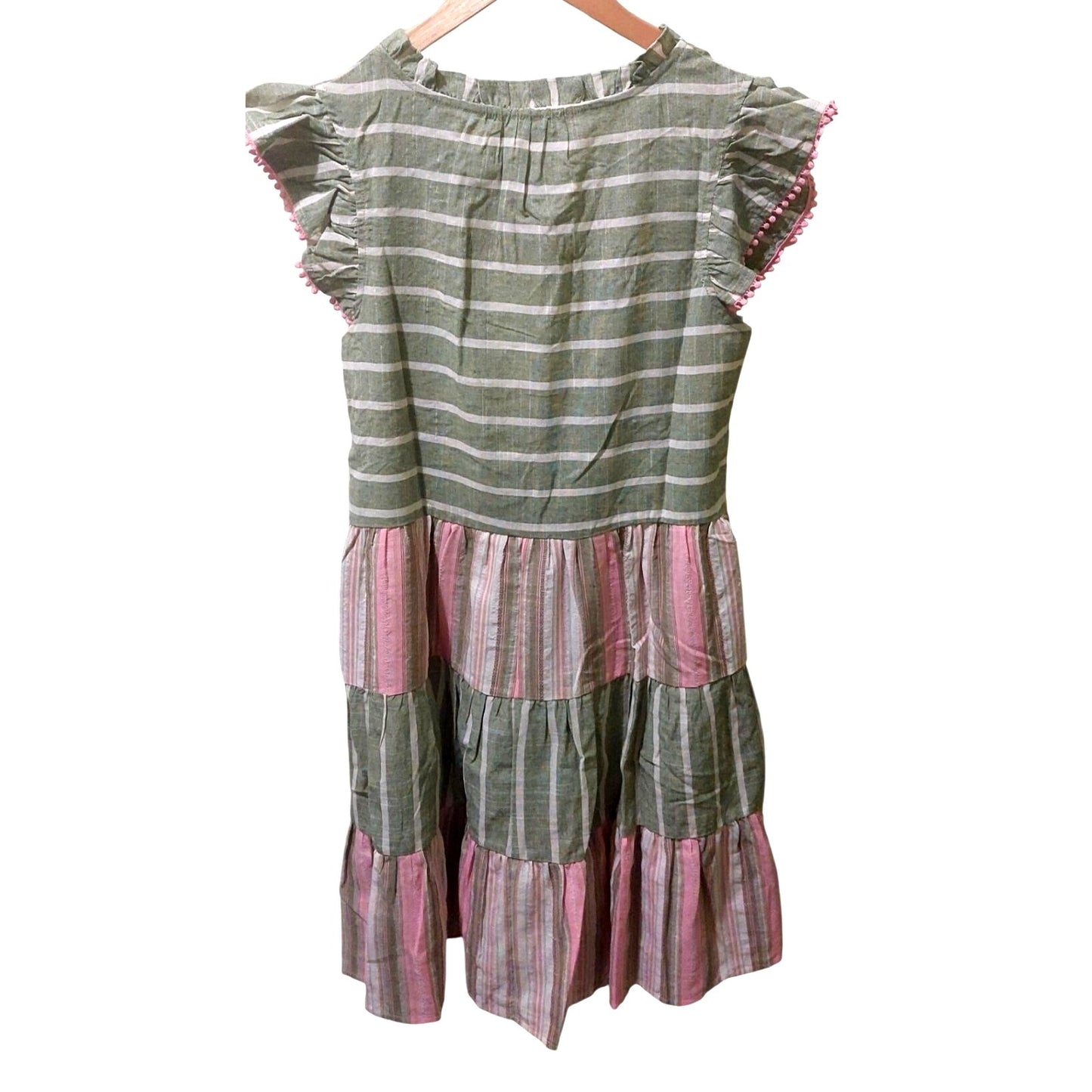 Voy Striped Green & Pink Ruffle Sleeve Tiered Dress Size Small