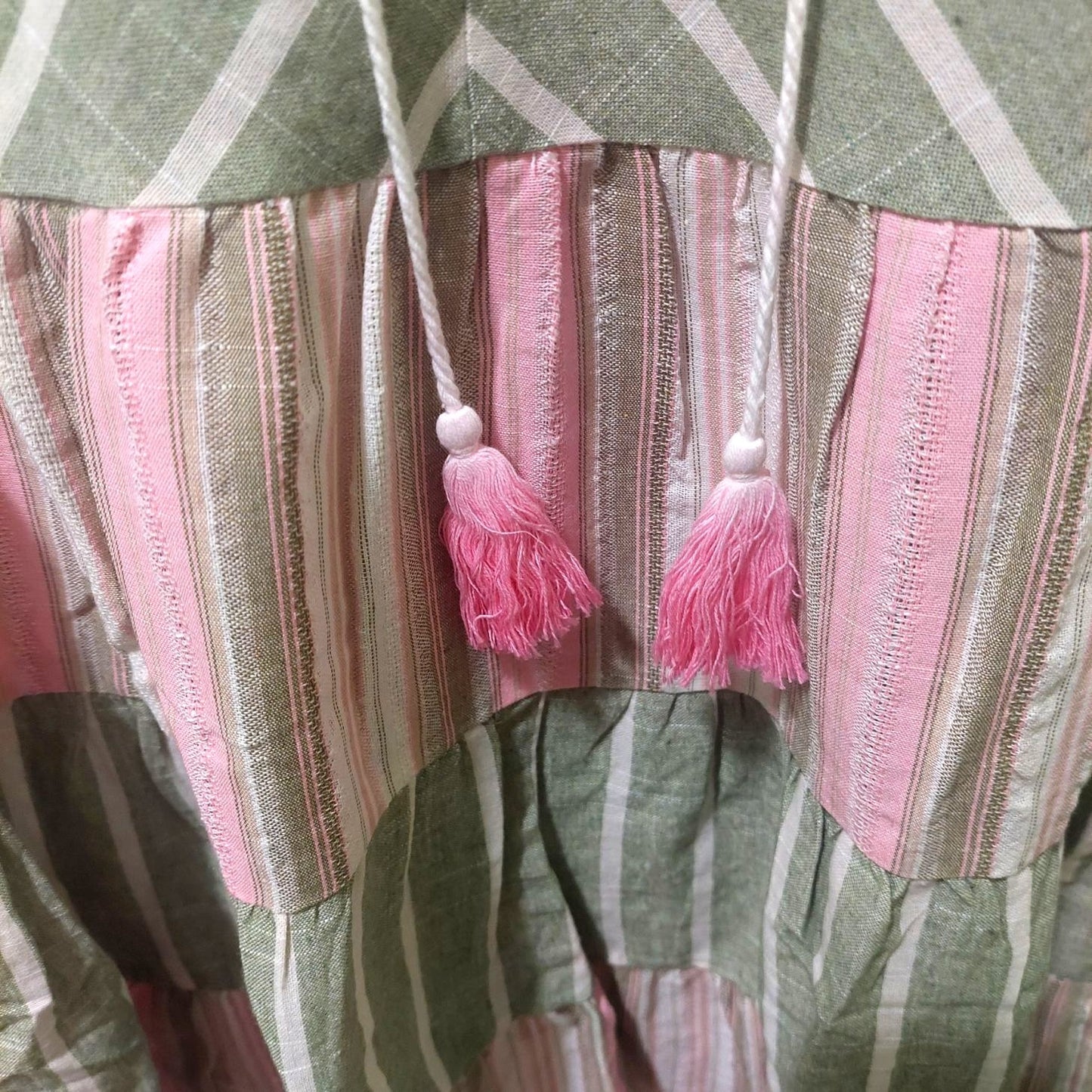 Voy Striped Green & Pink Ruffle Sleeve Tiered Dress Size Small