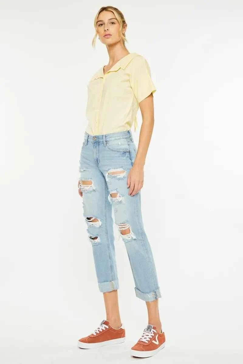 Mid Rise Distressed Boyfriend Jeans