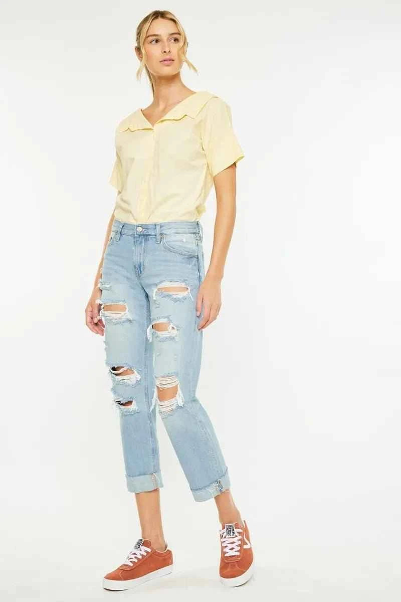 Mid Rise Distressed Boyfriend Jeans