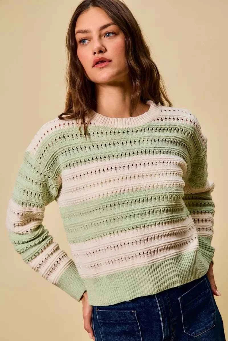 Mint Green Openwork Round Neck Wide Stripe Textured Sweater by So Me