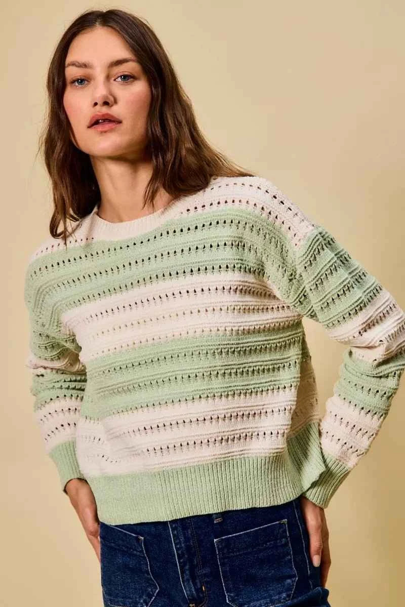 Mint Green Openwork Round Neck Wide Stripe Textured Sweater by So Me