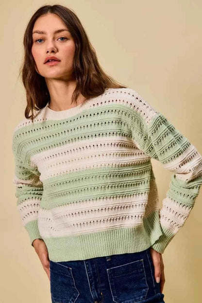 Mint Green Openwork Round Neck Wide Stripe Textured Sweater by So Me