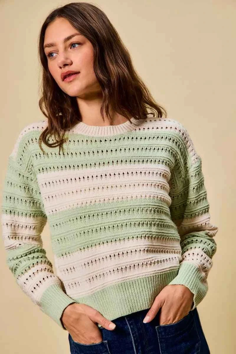 Mint Green Openwork Round Neck Wide Stripe Textured Sweater by So Me