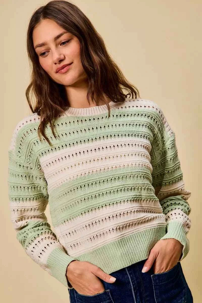 Mint Green Openwork Round Neck Wide Stripe Textured Sweater by So Me