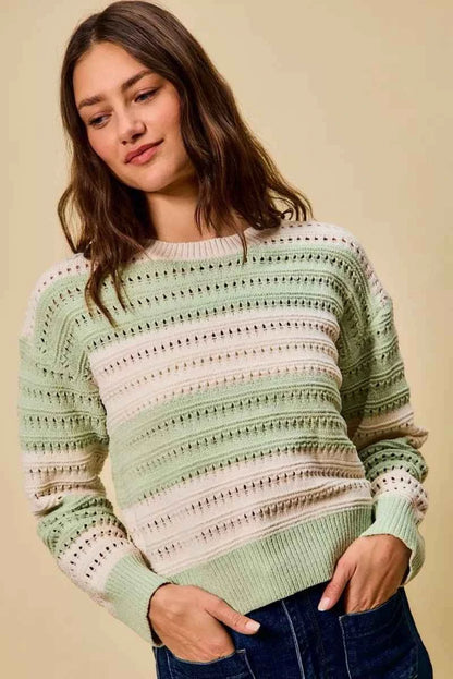 Mint Green Openwork Round Neck Wide Stripe Textured Sweater by So Me