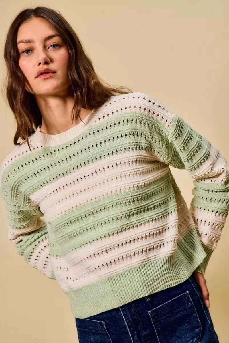 Mint Green Openwork Round Neck Wide Stripe Textured Sweater by So Me