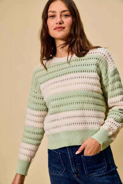 Mint Green Openwork Round Neck Wide Stripe Textured Sweater by So Me