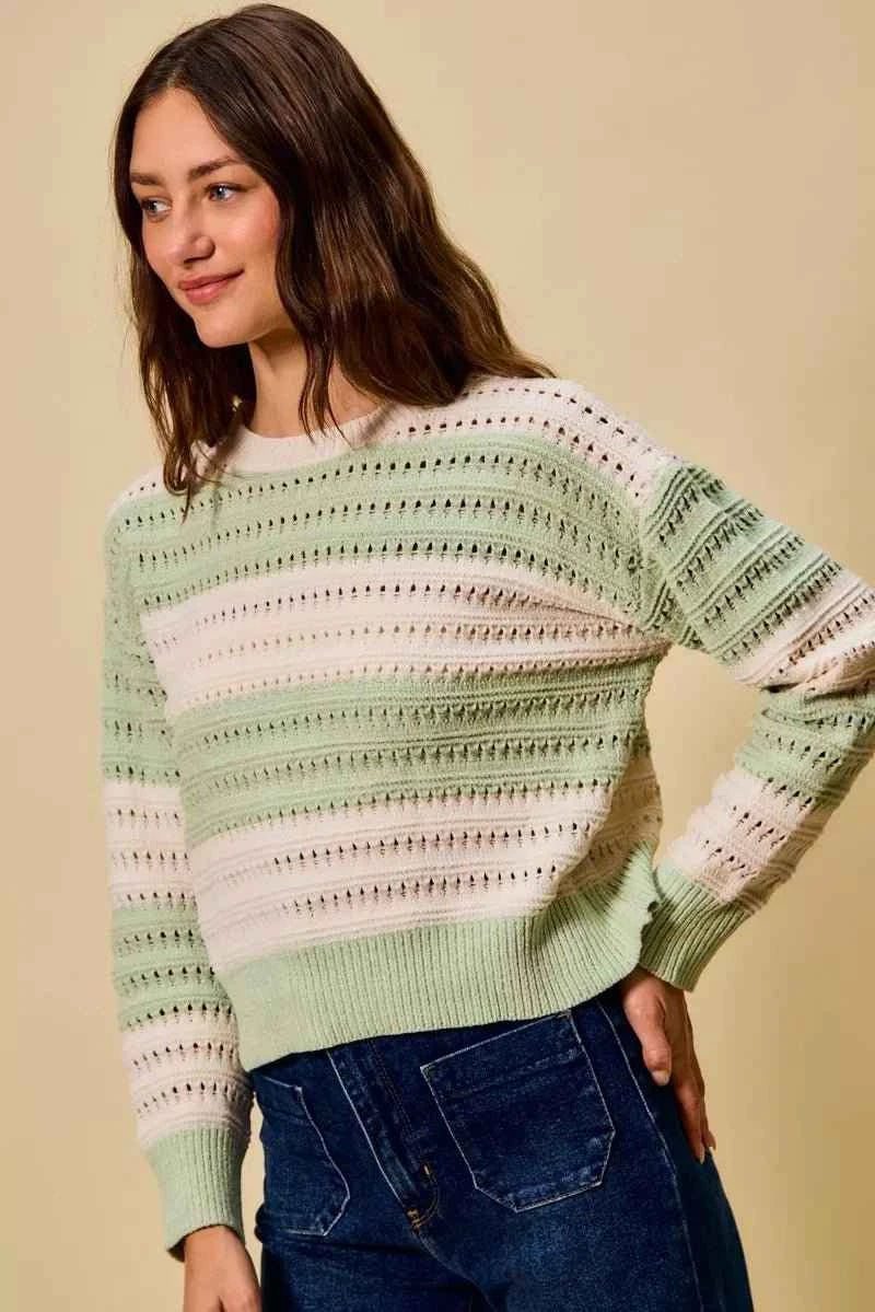 Mint Green Openwork Round Neck Wide Stripe Textured Sweater by So Me