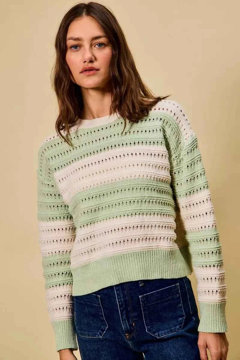 Mint Green Openwork Round Neck Wide Stripe Textured Sweater by So Me