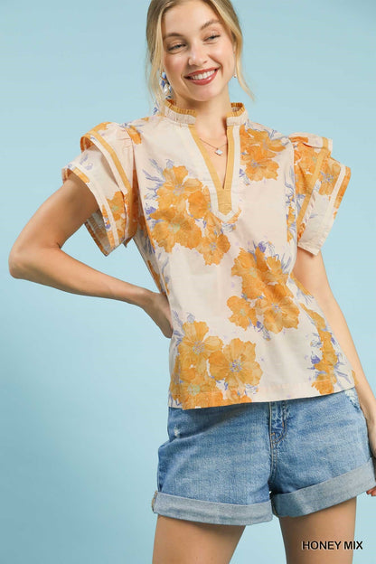 Mix Floral Ruffle Sleeve Blouse in Honey by Umgee Front View