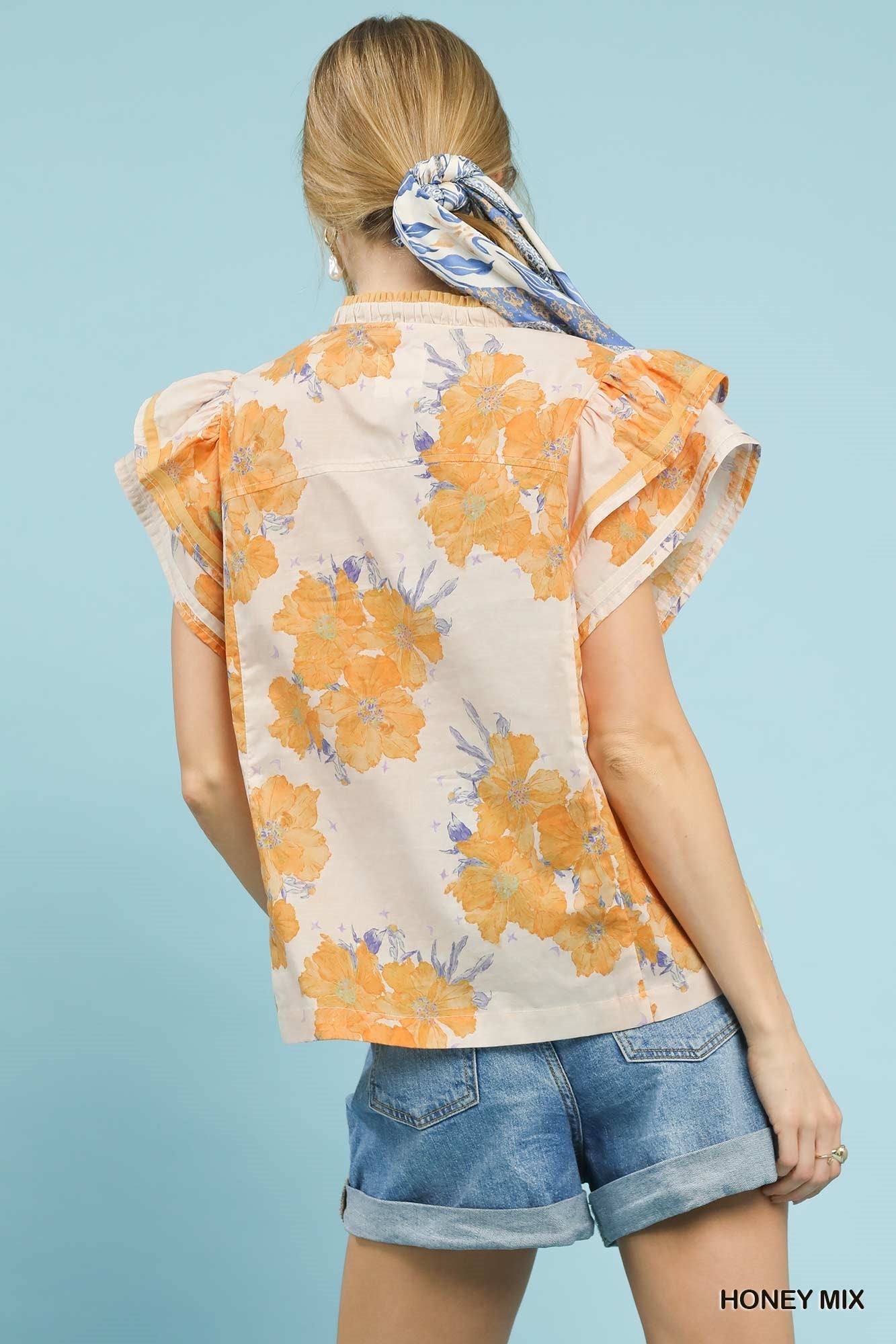 Mix Floral Ruffle Sleeve Blouse in Honey by Umgee Back View