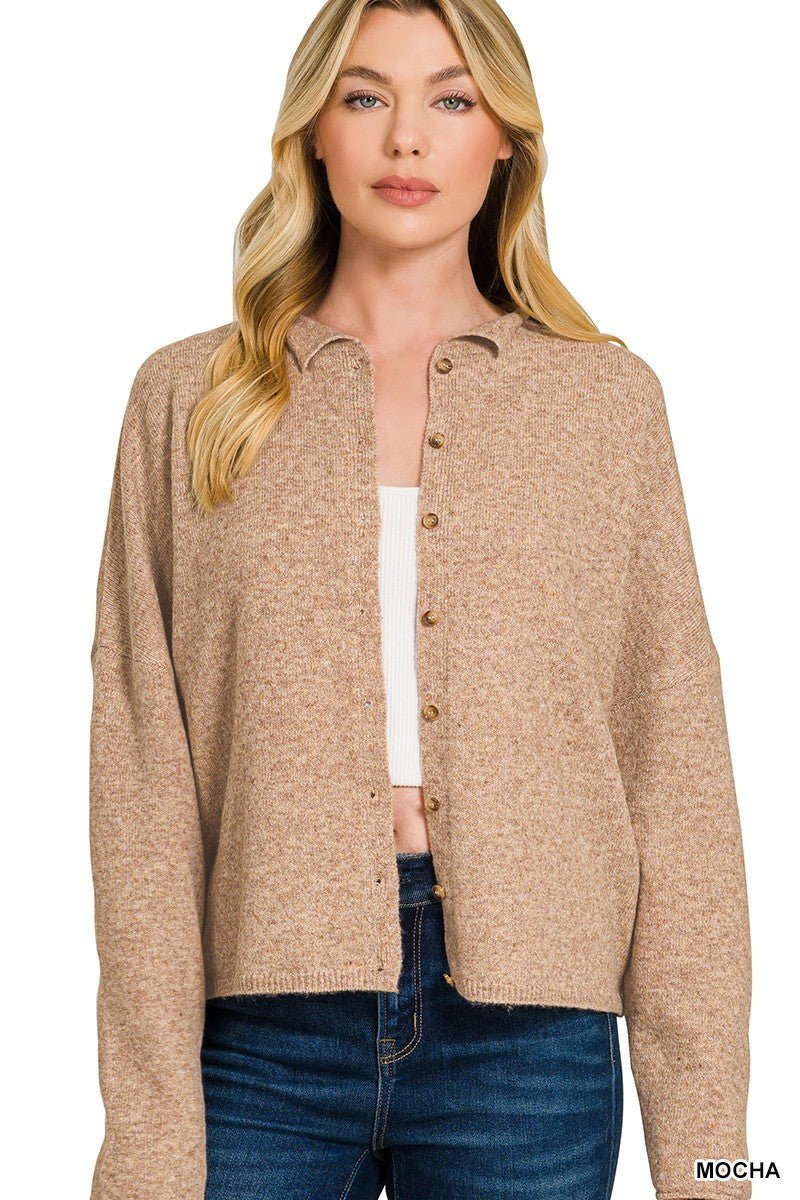 Mocha Relaxed Fit Button Down Collared Cardigan by Zenana Front View