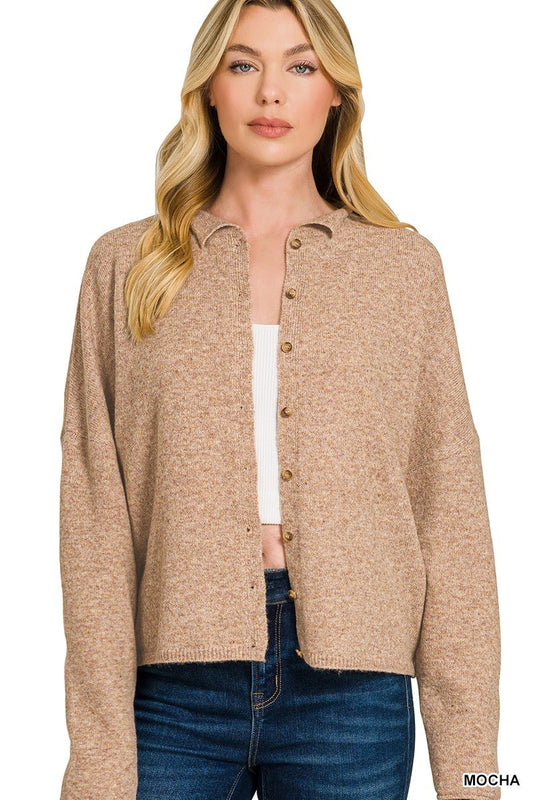 Mocha Relaxed Fit Button Down Collared Cardigan by Zenana Front View