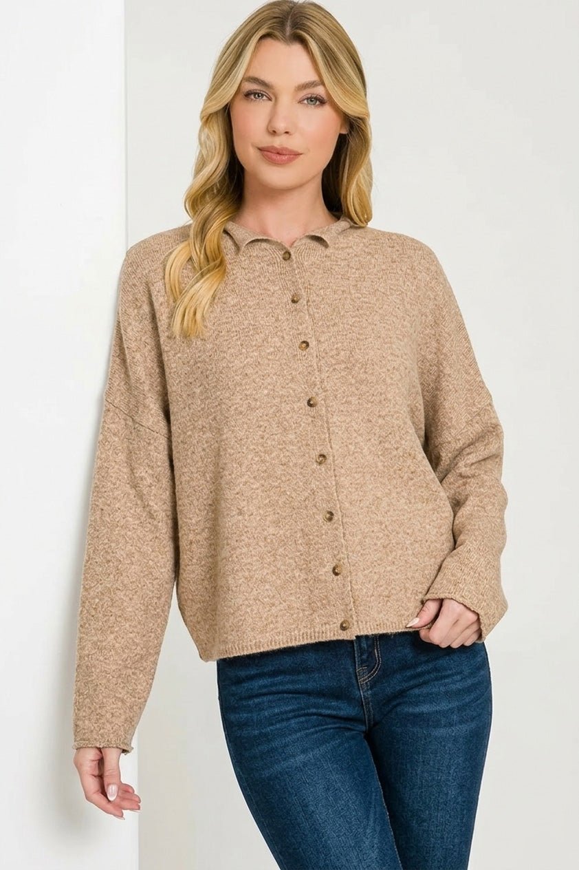 Mocha Relaxed Fit Button Down Collared Cardigan by Zenana 1