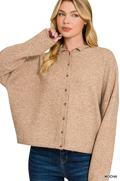 Mocha Relaxed Fit Button Down Collared Cardigan by Zenana Buttoned