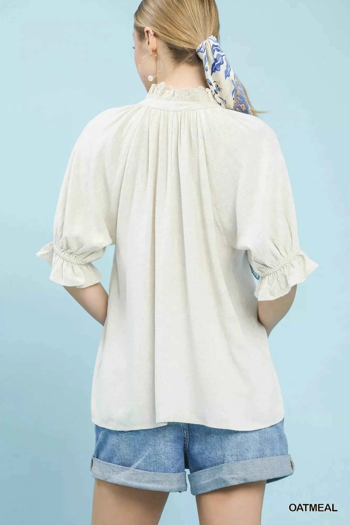 Oatmeal Linen Scalloped Ruffle Neck Blouse by Umgee