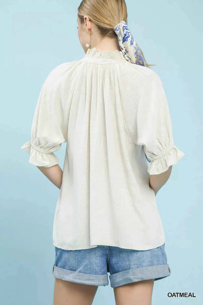 Oatmeal Linen Scalloped Ruffle Neck Blouse by Umgee